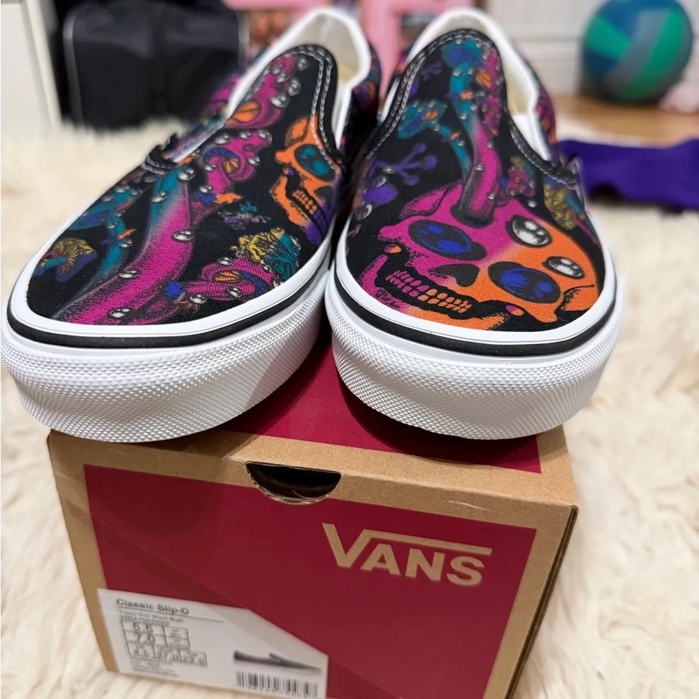 Vans Slip-On Sneakers - Black with Colorful Skull Design - Picture 1 of 3